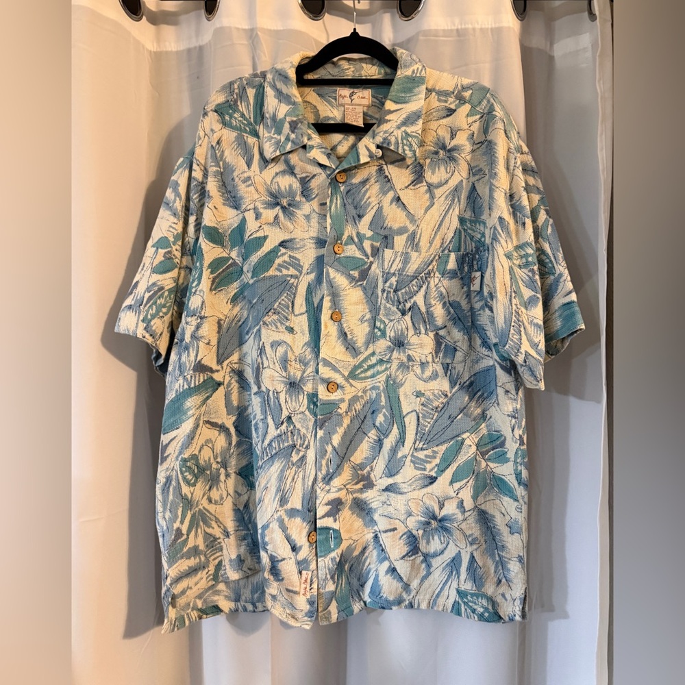 Vintage Baja Blue Floral Camp Shirt 90s Y2K Surf Cotton Waffle M